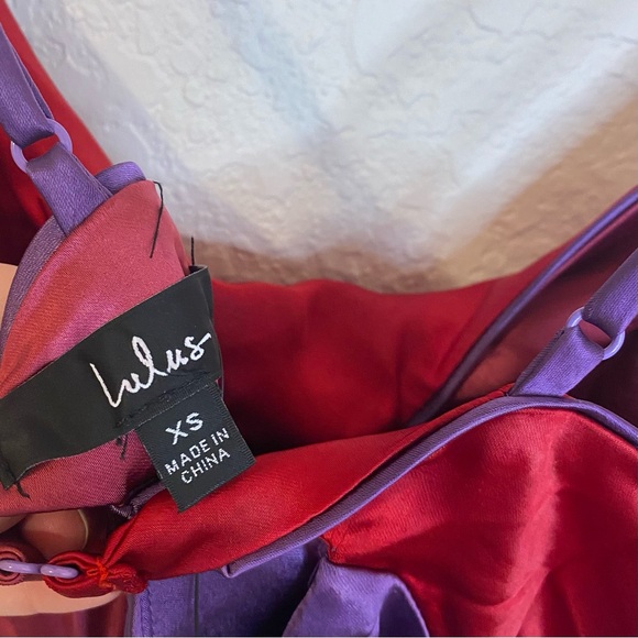 ✨3/$20 Lulus Chic Combo Purple Color Block Satin Twist-Front Midi Dress - Picture 6 of 7